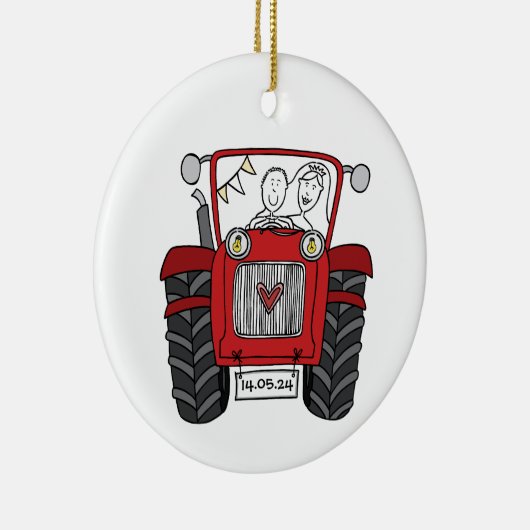 赤トラクパーソナライズされたタカントリー結婚式のギフト セラミックオーナメント (右)