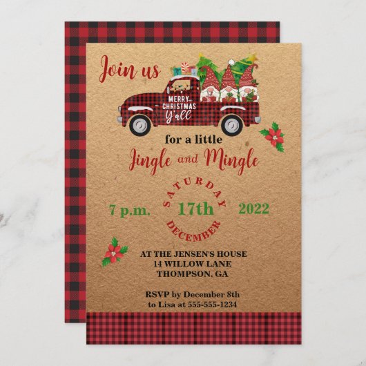 赤トラックお洒落の格言のクリスマスパーティー 招待状 (正面/裏面)