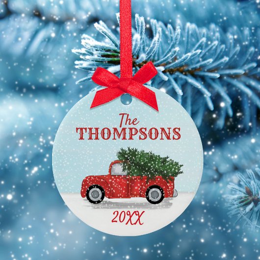 赤トラックのクリスマスツリーのSowの写真パーソナライズされた セラミックオーナメント