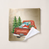 赤トラック松の木のクリスマス、雪片 バスタオルセット (ウォッシュタオル)