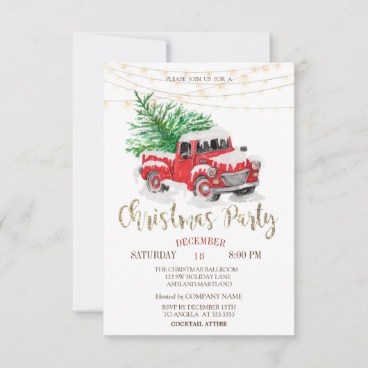 赤トラック松の木の雪、ライトクリスマスパーティー 招待状 (正面)