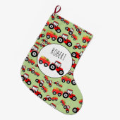 赤トラパーソナライズされたクタートラック農作物 ラージクリスマスストッキング (正面 (吊り時))
