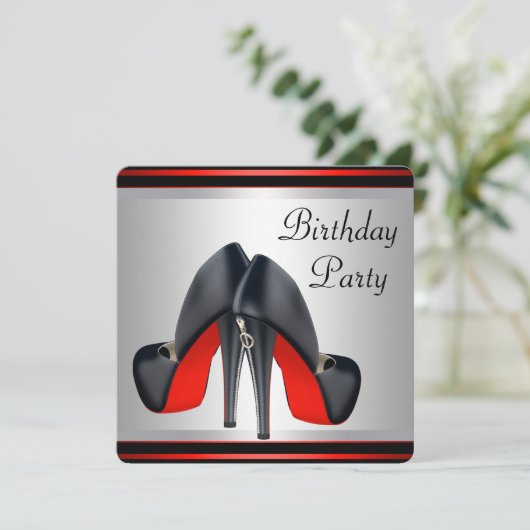 赤ハイヒールシューズ赤と黒の誕生日パーティー 招待状 (スタンド正面)