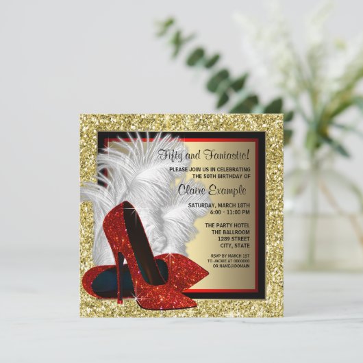 赤ハイヒール靴任意の数の誕生日パーティー 招待状 (スタンド正面)