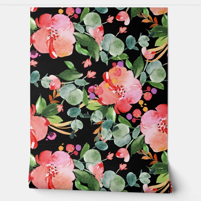 赤ハイビスカスユーカリ緑オンブラック 壁紙 (ほどく)