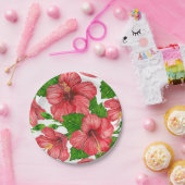 赤ハイビスカス水彩模様 ペーパープレート (パーティー)