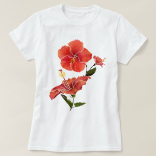 赤ハイビスカス水彩花 Tシャツ