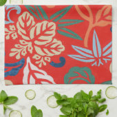 赤ハワイアン日本の着物：ヴィンテージフローラ キッチンタオル (折り畳み)