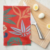 赤ハワイアン日本の着物：ヴィンテージフローラ キッチンタオル (四つ折り)