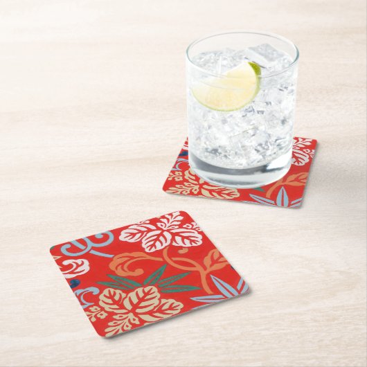赤ハワイアン日本の着物：ヴィンテージフローラ スクエアペーパーコースター (インサイチュ)