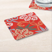 赤ハワイアン日本の着物：ヴィンテージフローラ スクエアペーパーコースター (アングル)