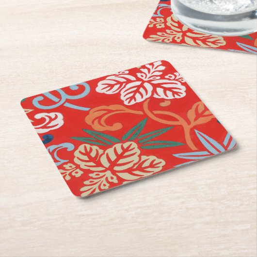 赤ハワイアン日本の着物：ヴィンテージフローラ スクエアペーパーコースター (アングル)