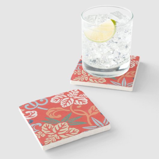 赤ハワイアン日本の着物：ヴィンテージフローラ ストーンコースター (横)