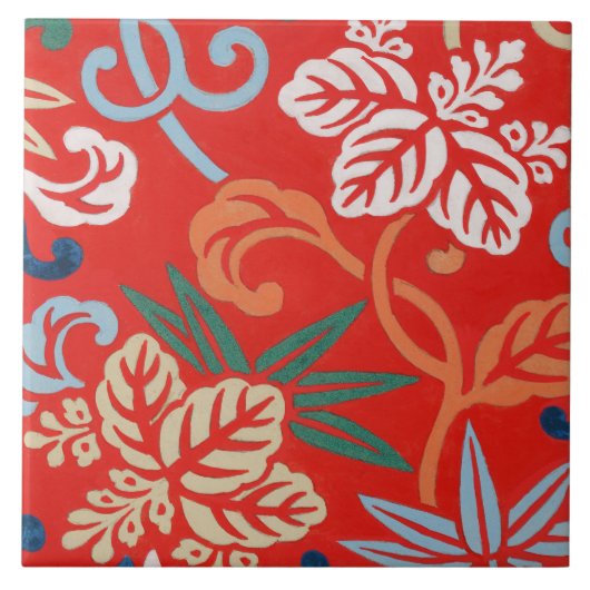 赤ハワイアン日本の着物:ヴィンテージフローラ タイル (正面)