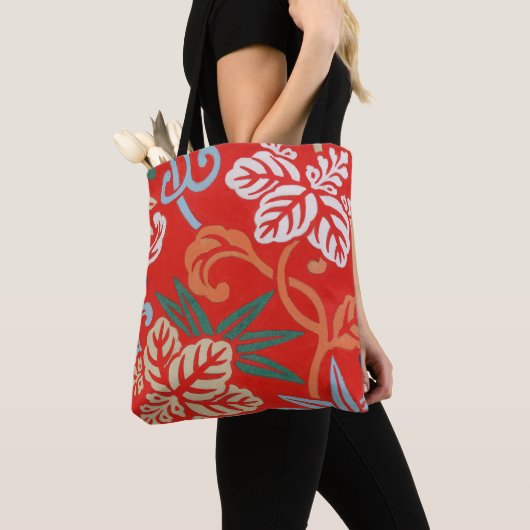 赤ハワイアン日本の着物:ヴィンテージフローラ トートバッグ (クローズアップ)