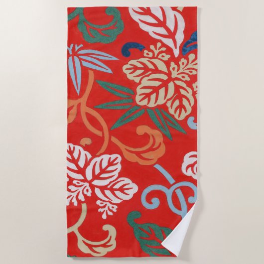 赤ハワイアン日本の着物:ヴィンテージフローラ ビーチタオル (正面)