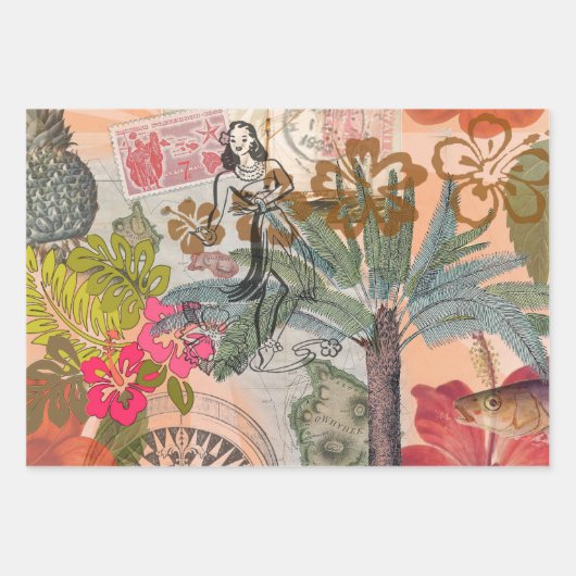 赤ハワイアン日本の着物:ヴィンテージフローラ ラッピングペーパーシート (正面3)