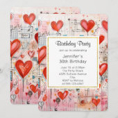 赤ハートの遊び心あふれるラブパターン誕生日 招待状 (正面/裏面)