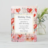 赤ハートの遊び心あふれるラブパターン誕生日 招待状 (スタンド正面)
