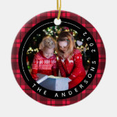 赤バッファローのプレイド写真フレームクリスマス セラミックオーナメント (正面)