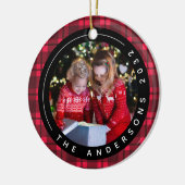 赤バッファローのプレイド写真フレームクリスマス セラミックオーナメント (左)