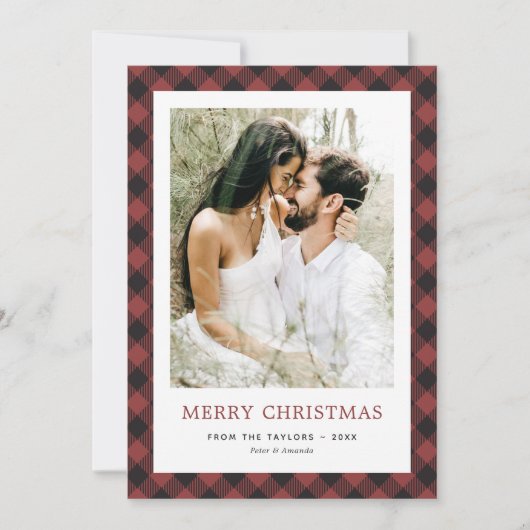 赤バッファローのプレイド写真メリークリスマス シーズンカード (正面)