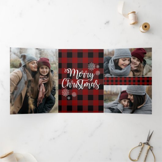 赤バッファローのプレイド年のレビューのクリスマスフォト 三つ折りクリスマスカード (内部)