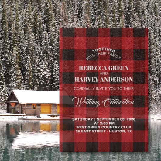 赤バッファローの格子状のラバージャックの冬のキャビン結婚ズ ベラム紙招待状