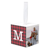 赤バッファローチェックのプレイドファミリーフォトクリスマス キューブオーナメント (正面アングル)