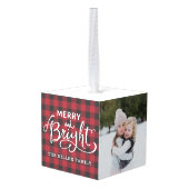 赤バッファローチェックのプレイドファミリーフォトクリスマス キューブオーナメント (裏面アングル)