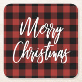 赤バッファローチェックのプレイドメリークリスマス スクエアペーパーコースター (正面)