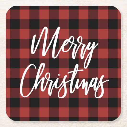 赤バッファローチェックのプレイドメリークリスマス スクエアペーパーコースター (正面)