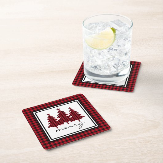 赤バッファローチェック松の木 スクエアペーパーコースター (インサイチュ)