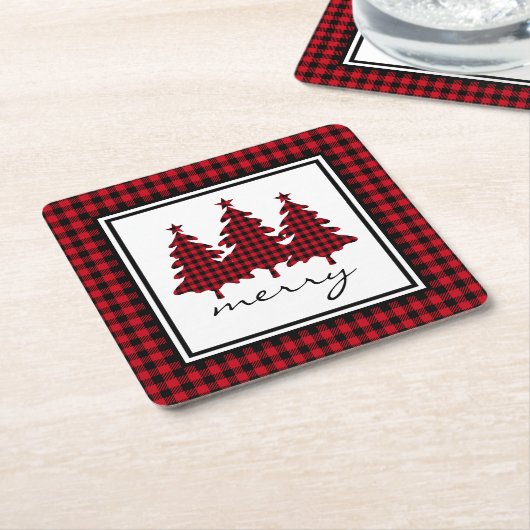 赤バッファローチェック松の木 スクエアペーパーコースター (アングル)