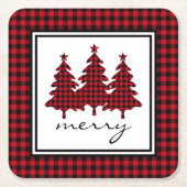 赤バッファローチェック松の木 スクエアペーパーコースター (正面)