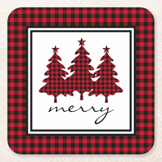 赤バッファローチェック松の木 スクエアペーパーコースター (正面)