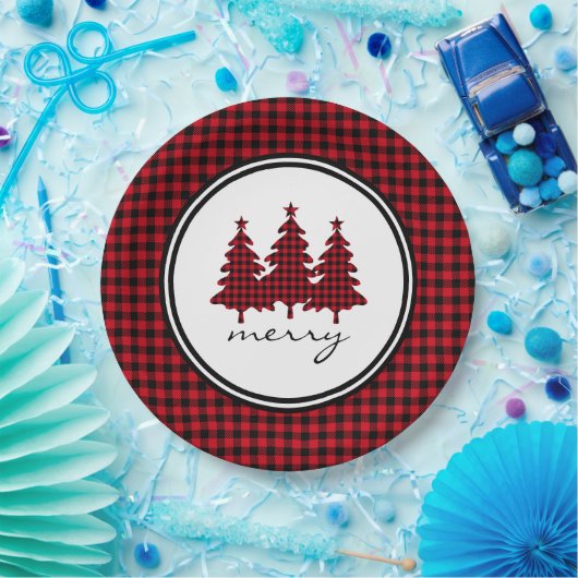 赤バッファローチェック松の木 ペーパープレート (パーティー)