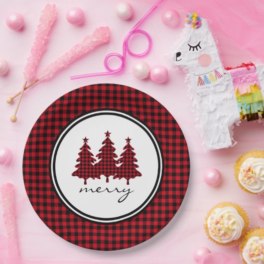 赤バッファローチェック松の木 ペーパープレート (パーティー)
