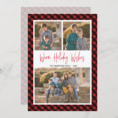 赤バッファローチェック3フォトコラージュ暖かい願い シーズンカード (正面/裏面)