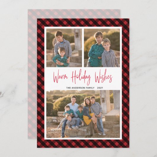 赤バッファローチェック3フォトコラージュ暖かい願い シーズンカード (正面/裏面)