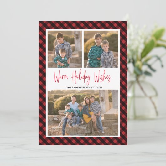 赤バッファローチェック3フォトコラージュ暖かい願い シーズンカード (スタンド正面)