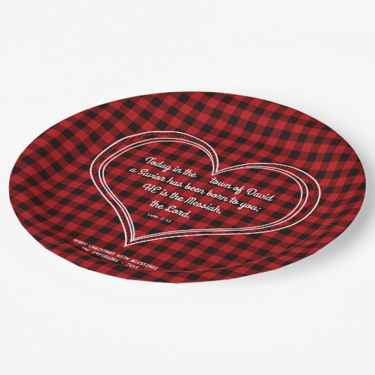 赤バッファローパターン聖書の聖句クリスマス ペーパープレート (アングル)