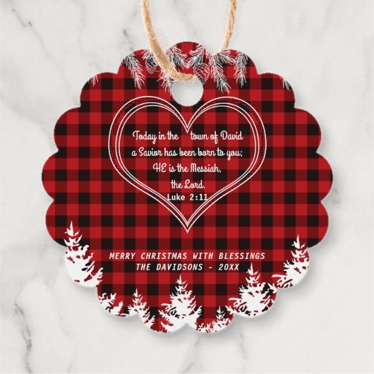 赤バッファローパターン聖書聖句クリスマスパイン フェイバータグ (裏面)