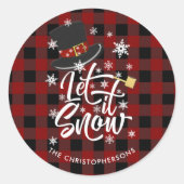 赤バッファロープレイドお洒落雪だるまはそれを雪に任せる ラウンドシール (正面)