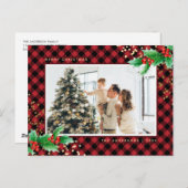 赤バッファロープレイドウォーターカラーホリー写真クリスマス シーズンポストカード (正面/裏面)