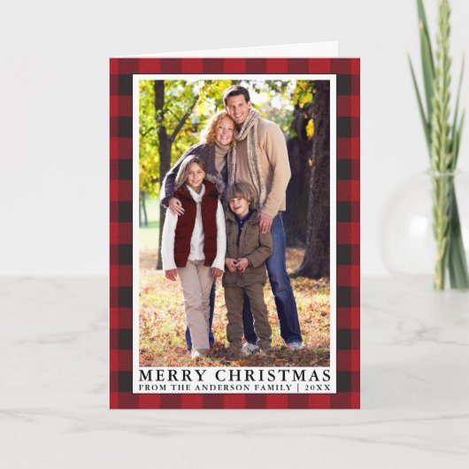 赤バッファロープレイドクリスマスファミリーフォトフォールド シーズンカード (正面)