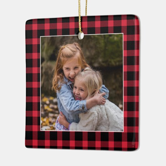 赤バッファロープレイドクリスマスフォト セラミックオーナメント (左)