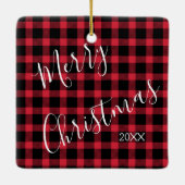 赤バッファロープレイドクリスマスフォト セラミックオーナメント (裏面)