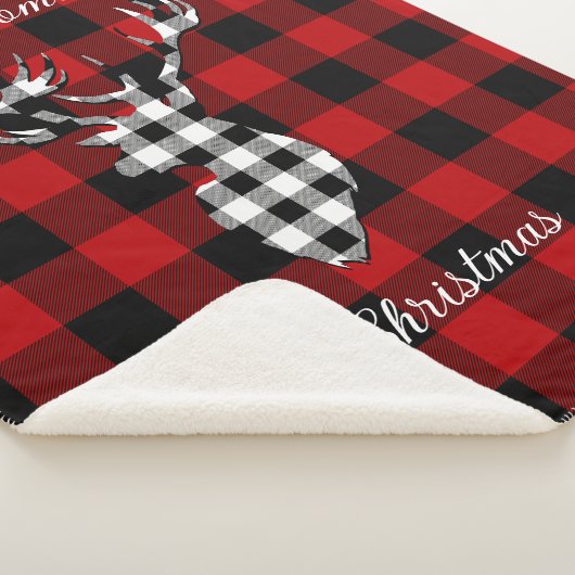赤バッファロープレイドスタッグヘッドファミリーネームクリスマス シェルパブランケット (3/4)