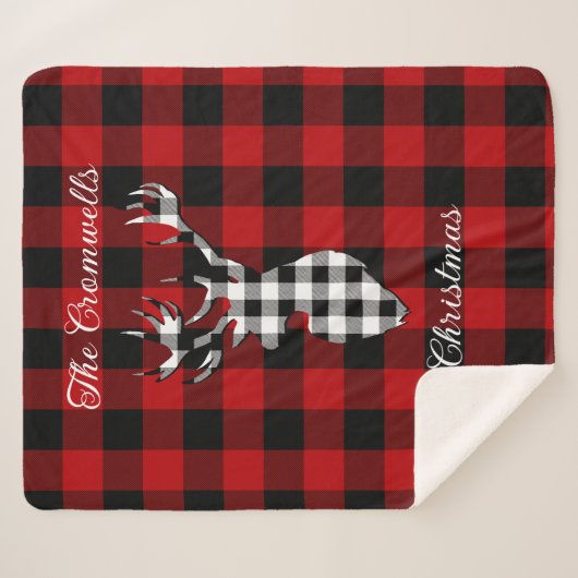 赤バッファロープレイドスタッグヘッドファミリーネームクリスマス シェルパブランケット (正面(横))